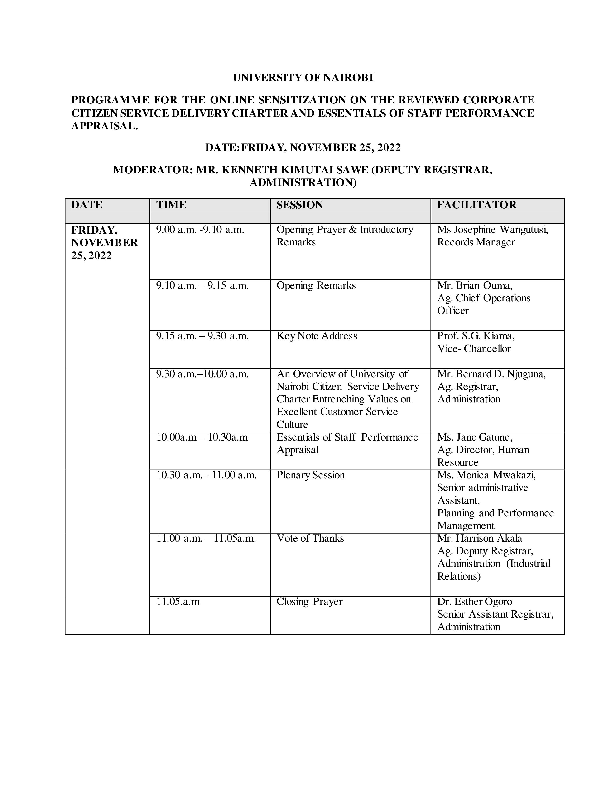 Online sensitization staff  service delivery charter